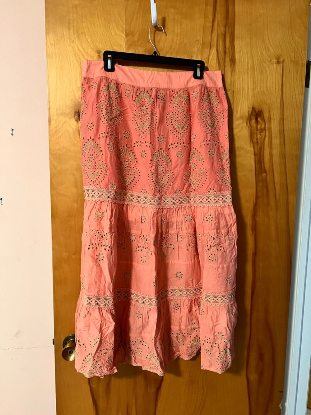 Boston Proper Coral Eyelet Tiered Maxi Skirt with Lace Trim